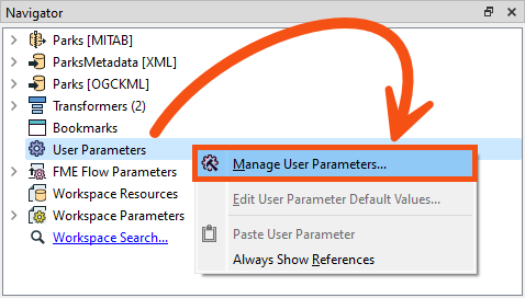 User Parameters > Manage User Parameters